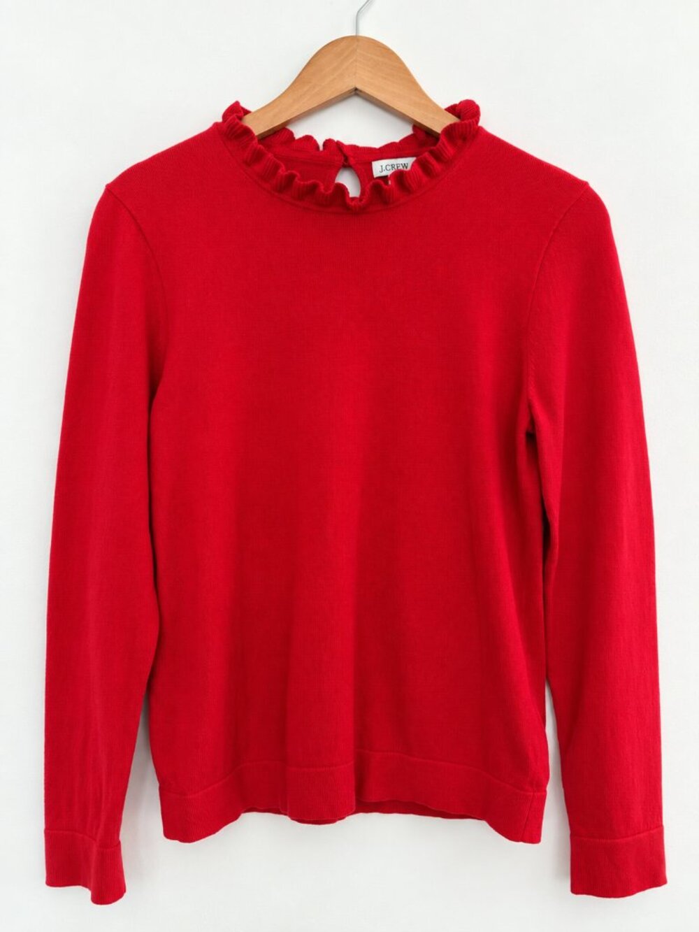 J. Crew Factory Red Ruffle Neck Cotton Sweater Medium Preppy Classic Feminine